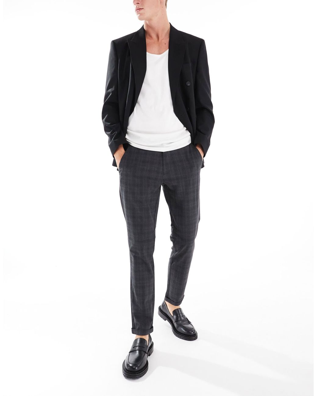 Jack & Jones Black Checkered Belted Tailored Trousers for men