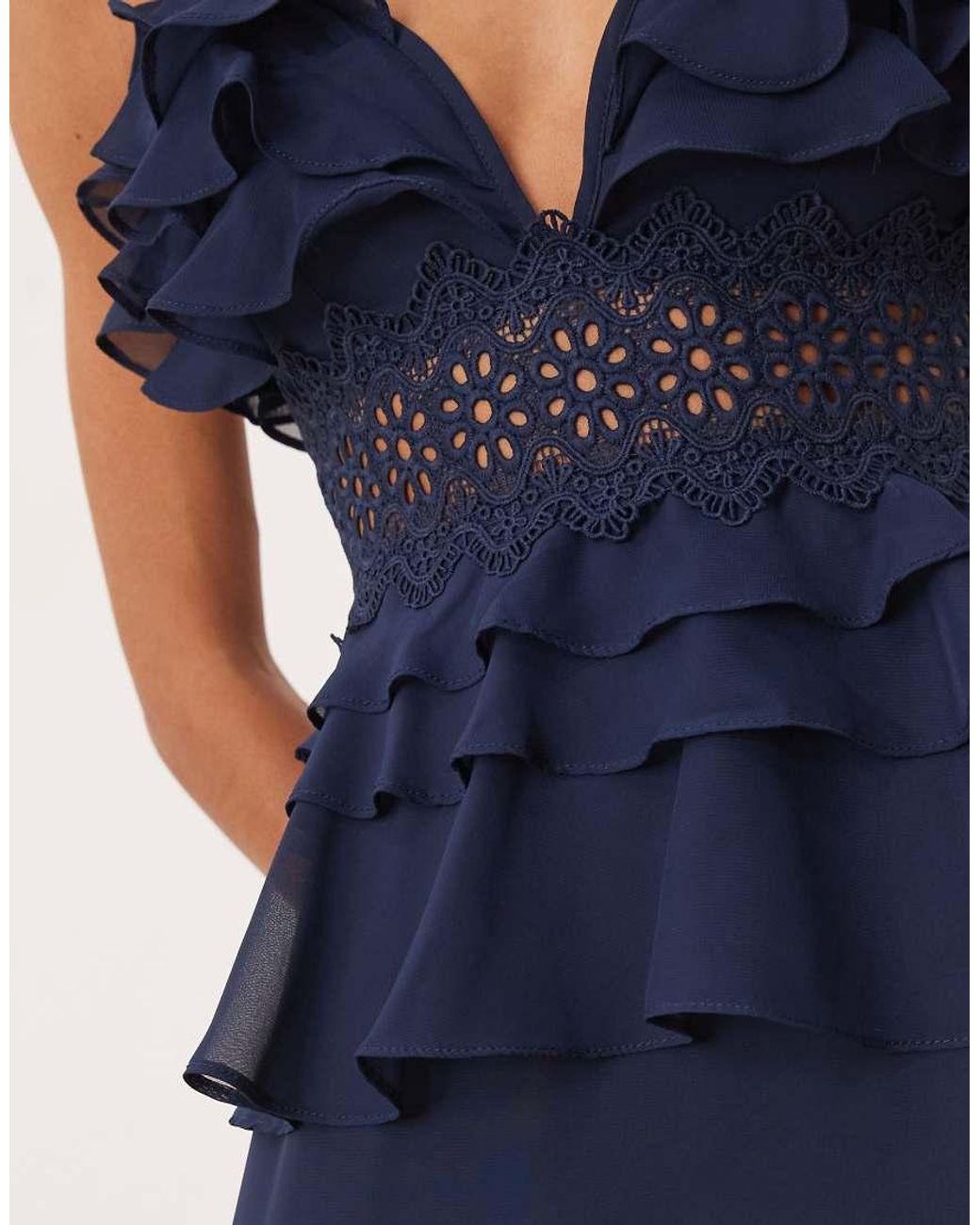 True Decadence Blue Tiered Ruffle Maxi Dress With Spaghetti Strap