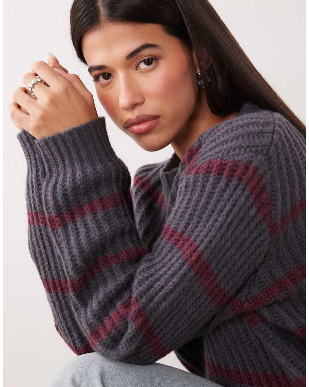 Motel Gray Namirta Stripe Crew Neck Sweater