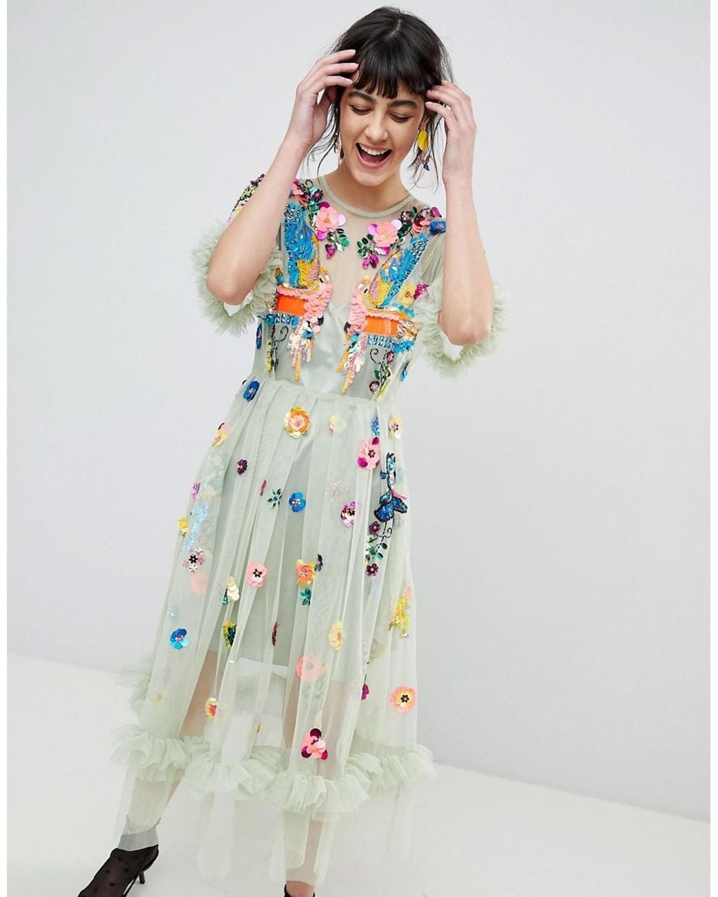 ASOS Bird Embellished Smock Midi Dress in Green | Lyst Australia