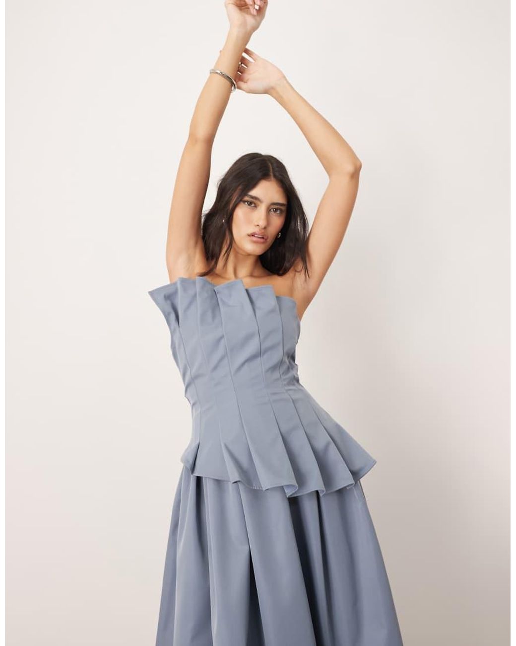 ARRANGE Blue Structured Pleat Corset Midi Dress