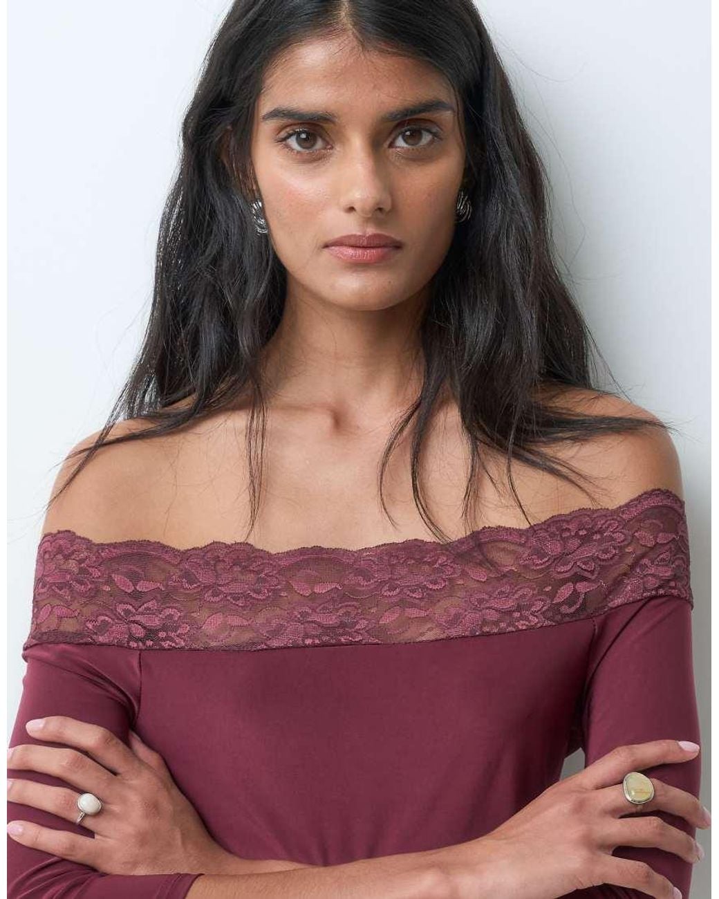Miss Selfridge Purple Bardot Top With Lace Trim