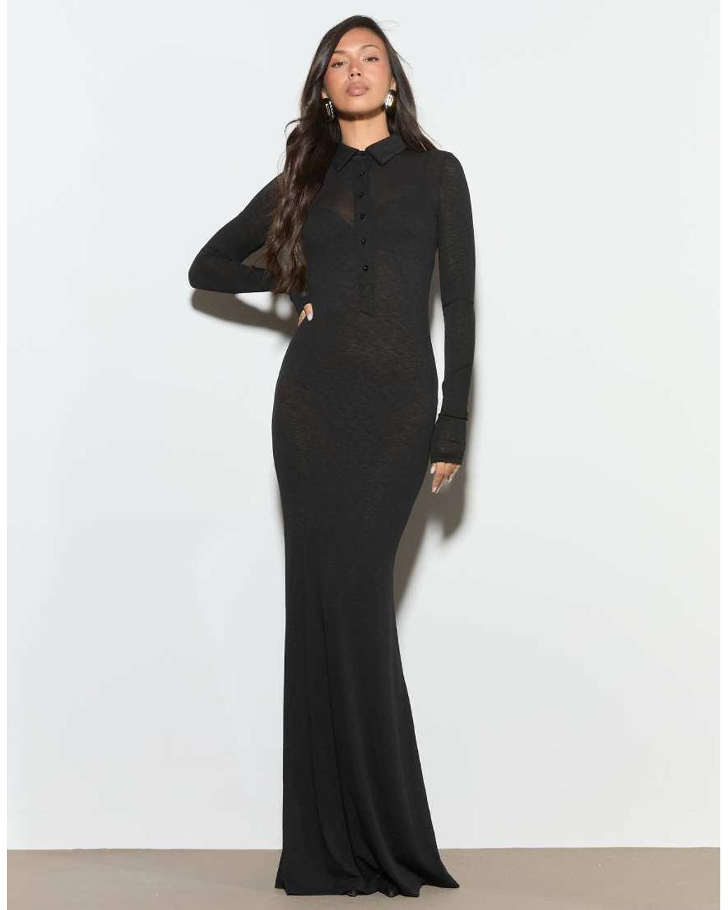 Noughts & Kisses Black Daphne Fine Knit Collared Button Up Maxi Dress