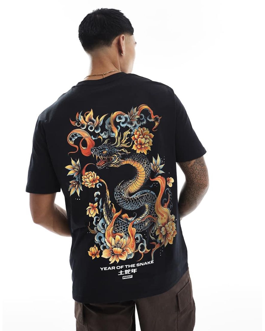 PRNT Black Tattoo Snake Cny Front Print And Back Print Relaxed T-Shirt