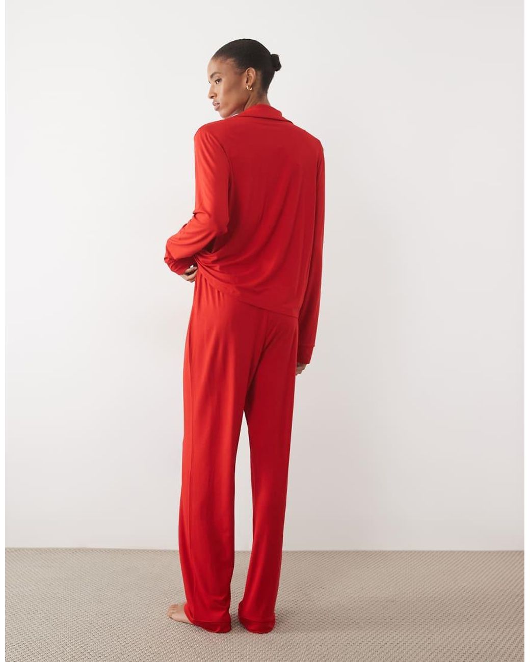 ASOS Red Asos Design Viscose Tall Super Soft Long Sleeve Shirt & Trouser Pyjama Set