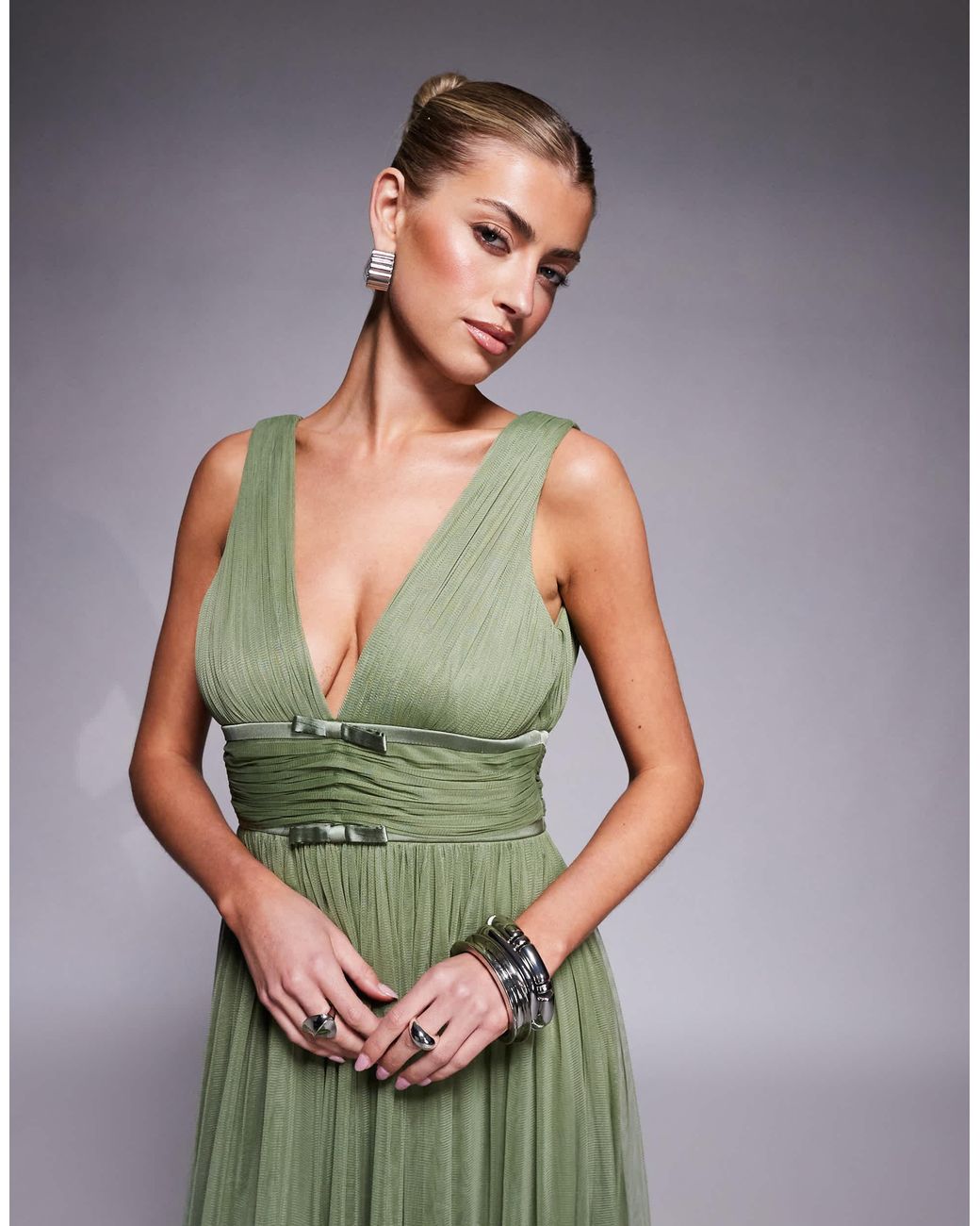 LACE & BEADS Bow Waist Tiered Tulle Midaxi Dress in Green | Lyst LACE & BEADS Bow Waist Tiered Tulle Midaxi Dress in Green | Lyst