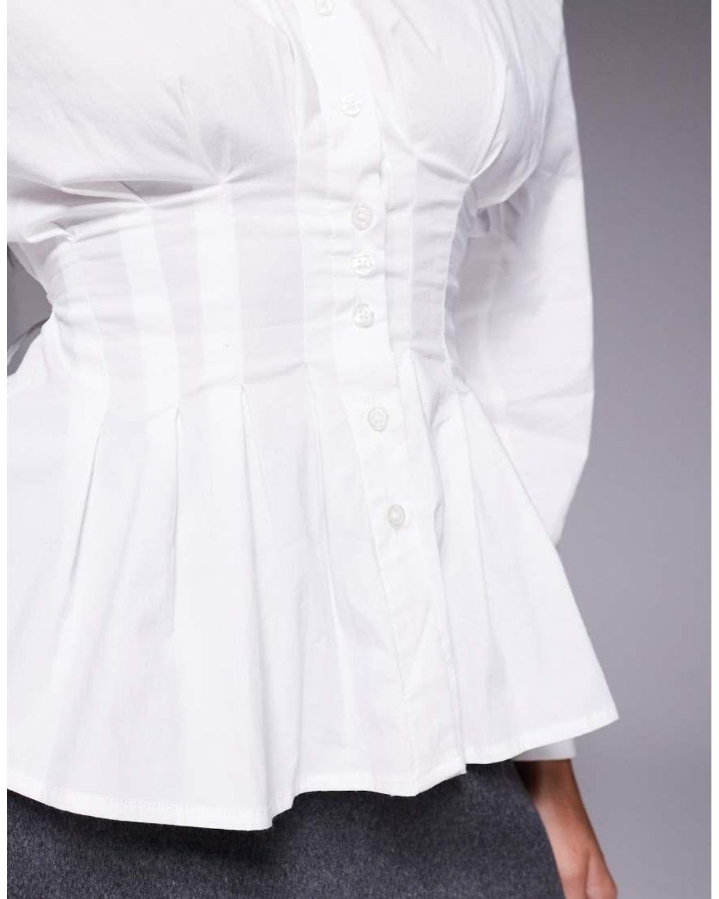 Wanderdoll White Andy Shoulder Pad Cinched Waist Button Through Shirt