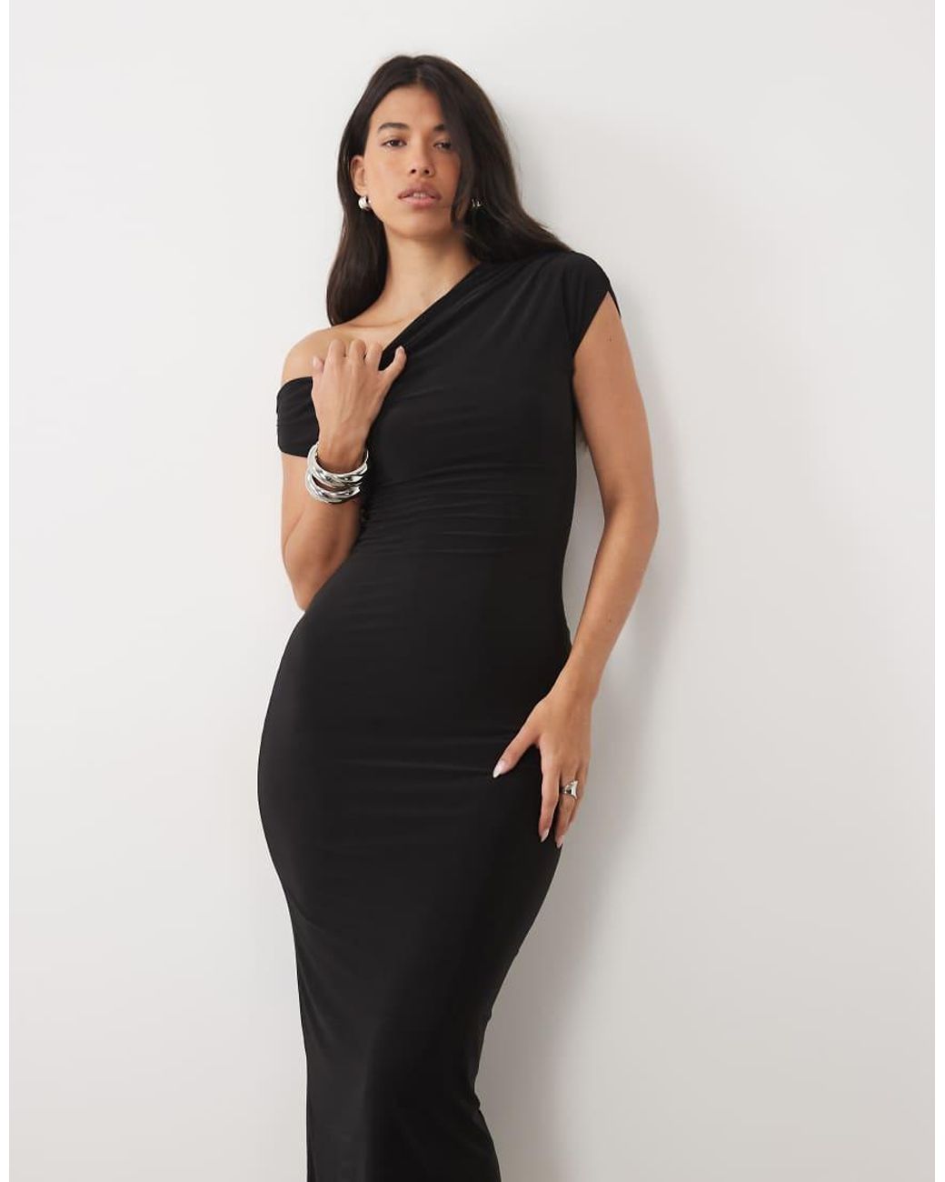 Kaiia Black Exclusive Double Layered Slinky Drape Off Shoulder Bodycon Maxi Dress