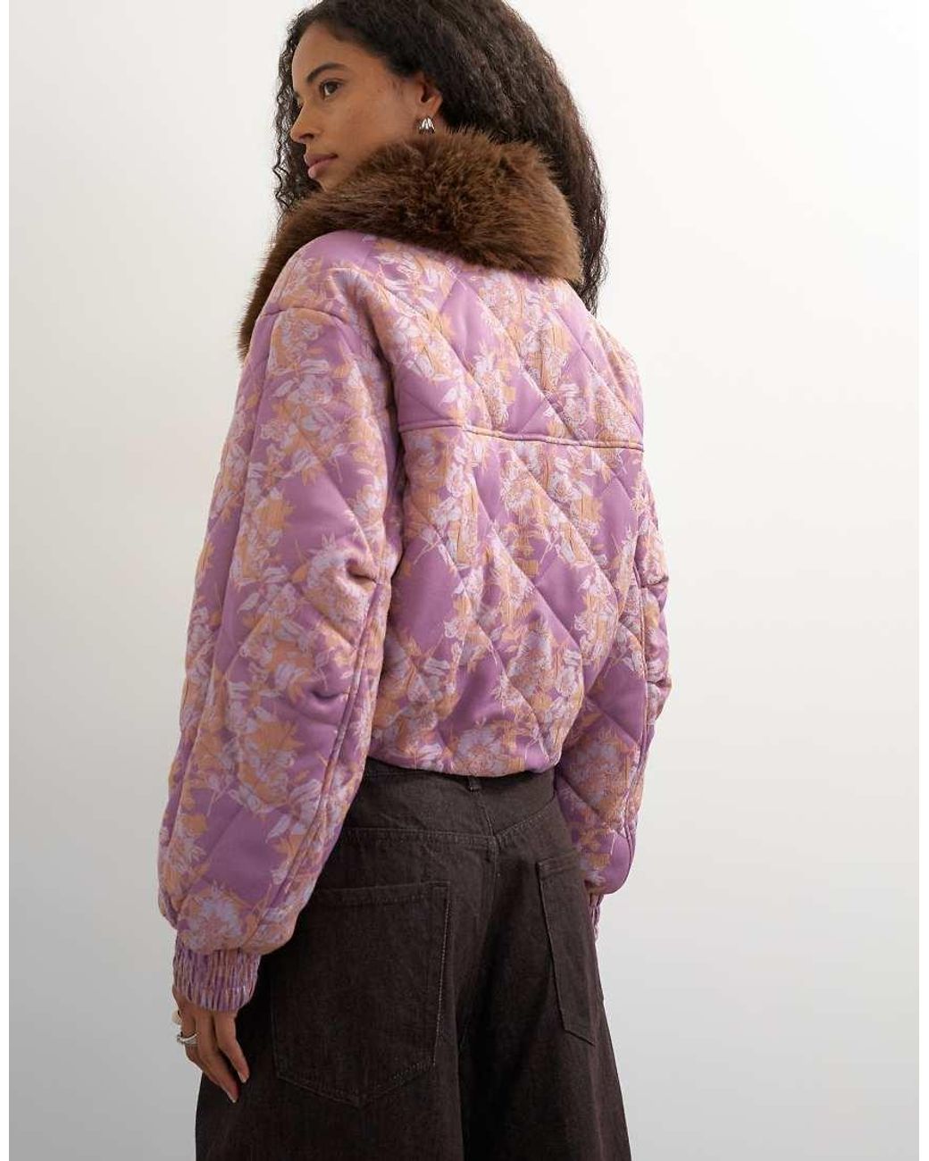 TOPSHOP Pink Printed Fur Collar Jacket