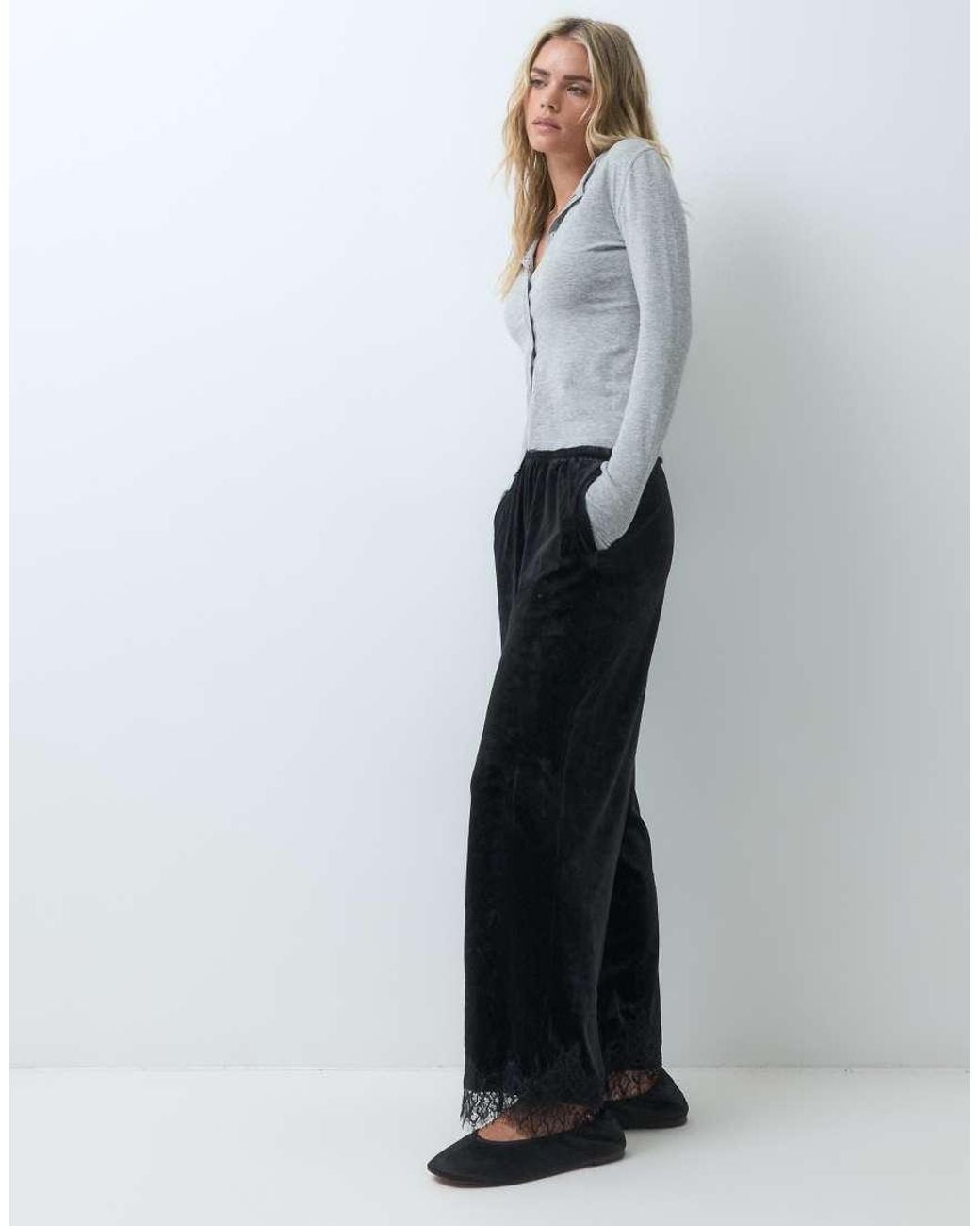 Vila Gray Lace Trim Wide Leg Velvet Trousers