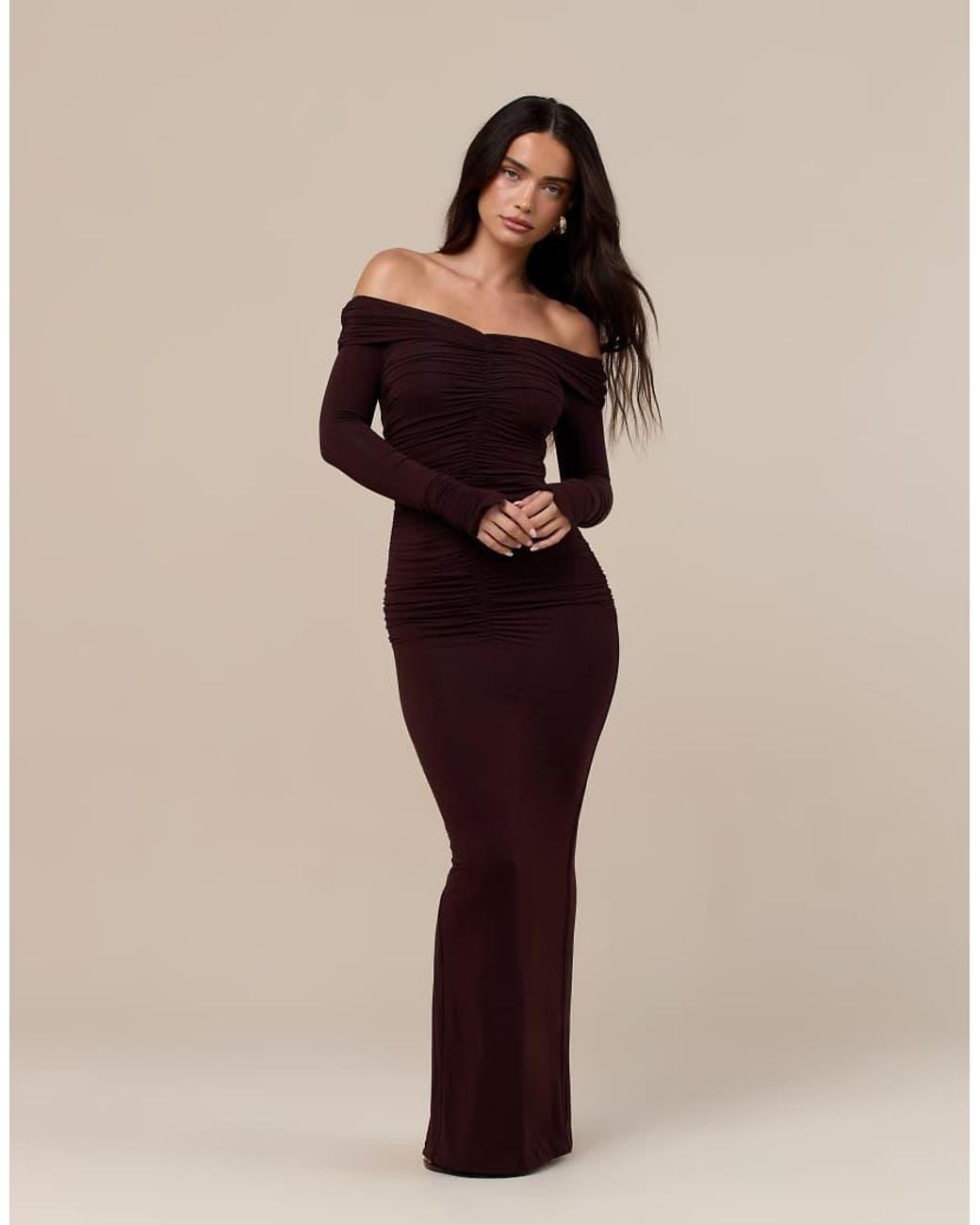 Wanderdoll Natural Wanderoll Tandie Sculpted Bardot Ruched Detail Maxi Dress