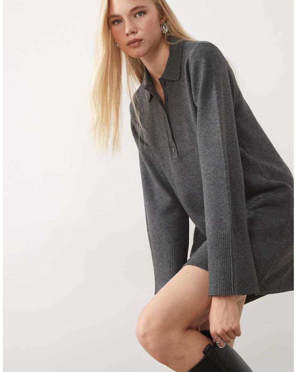 Aware Gray Long Sleeve Polo Neck Knitted Mini Dress