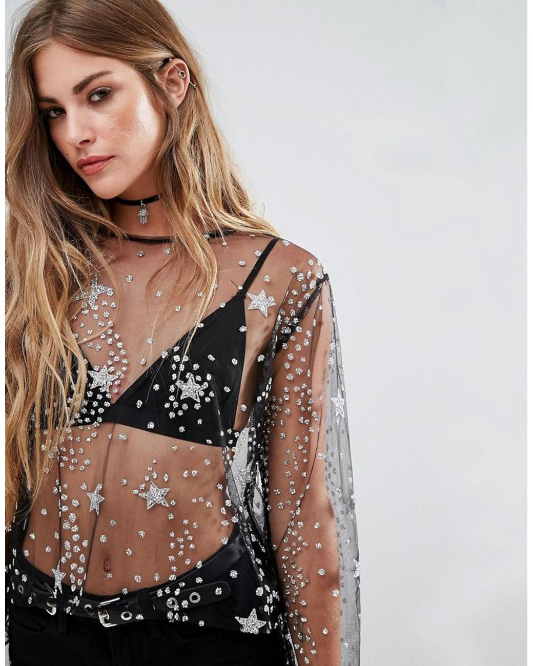Motel Sheer Long Sleeve Top With Glitter Stars In Mesh in Black | Lyst