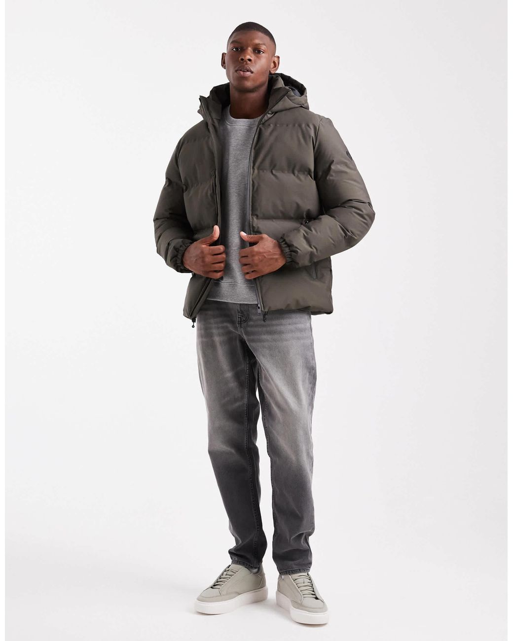 Threadbare Gray Puffer Jacket With Hood for men