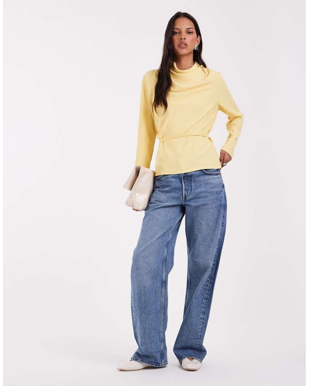 ASOS Yellow Cowl Neck Tie Waist Blouse