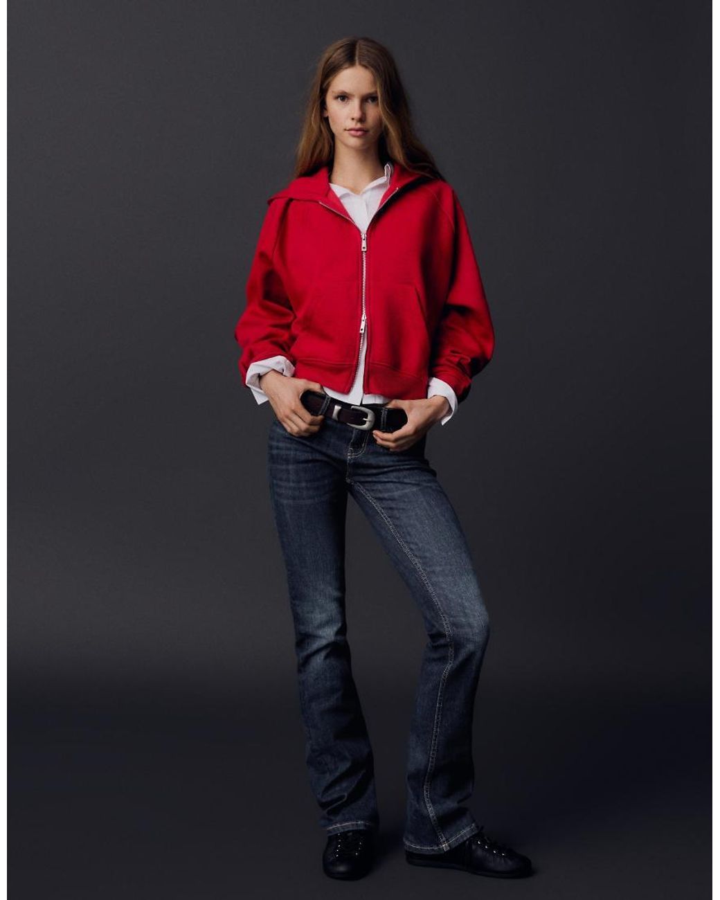 Bershka Red Zip-Up Plush Hooded Jacket