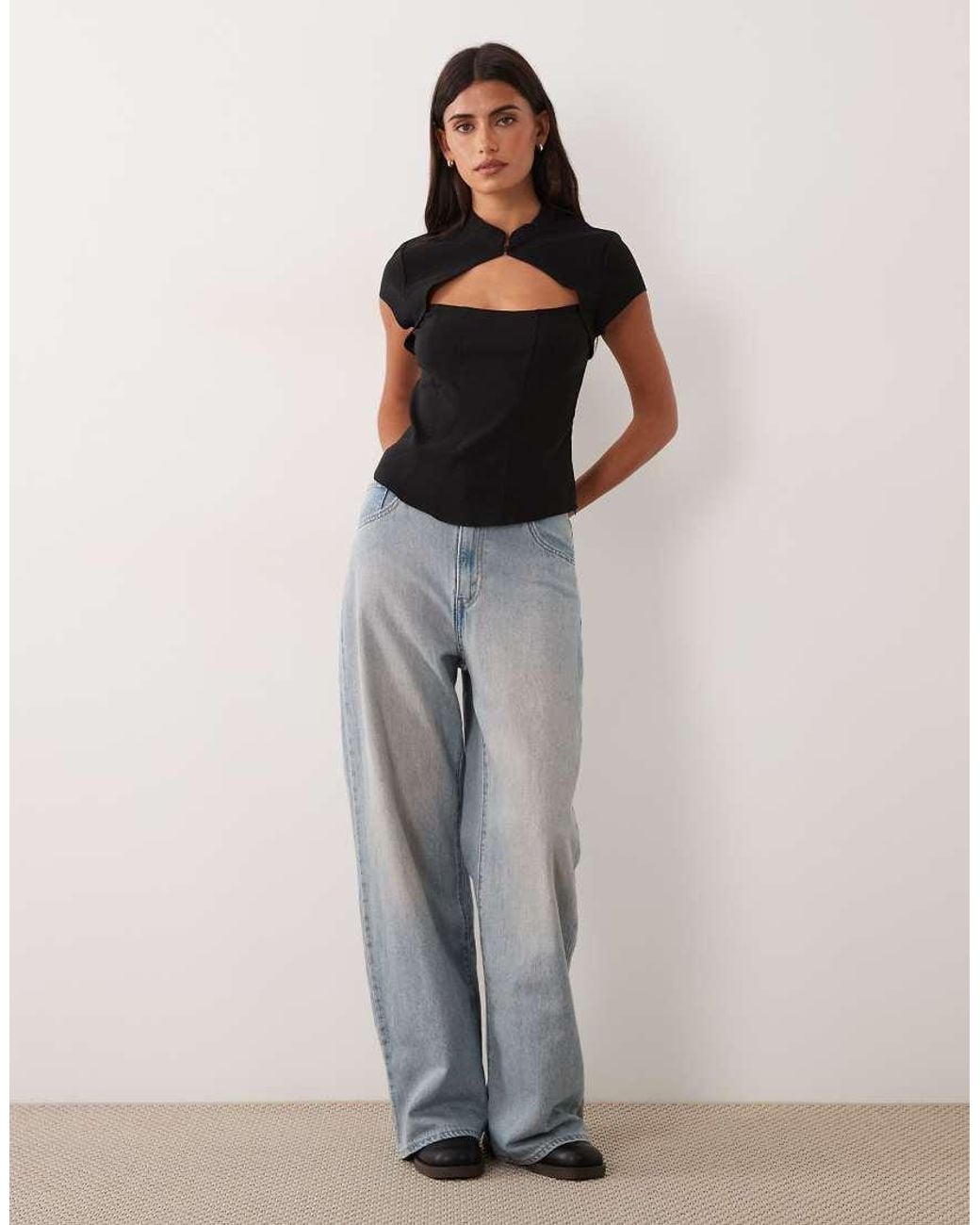 New Look Black Bengaline Corset Detail Mandarin Collar Top