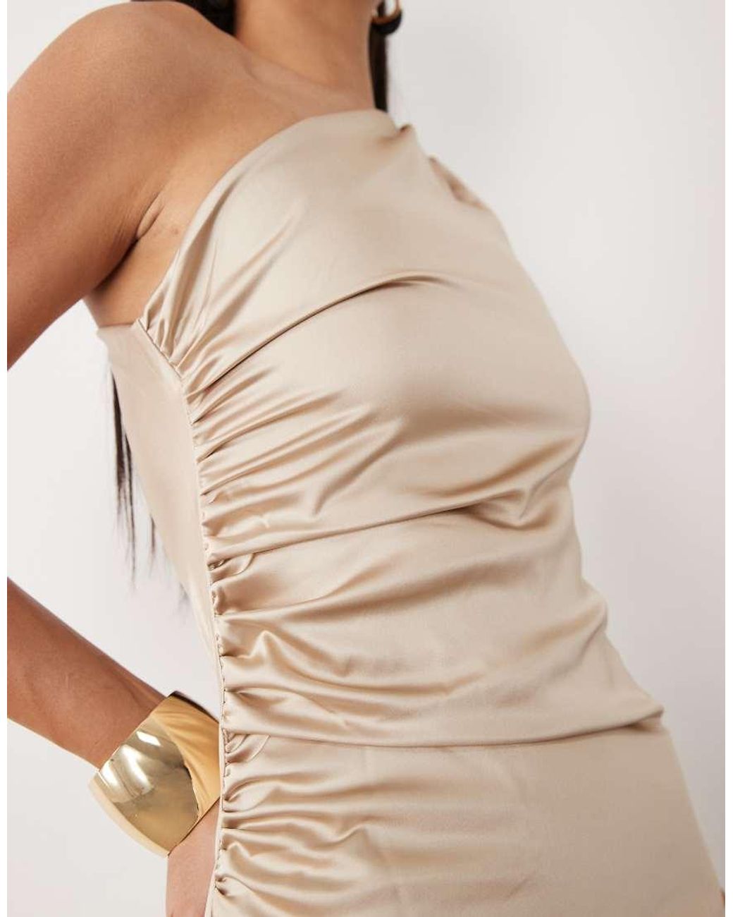 Aria Cove Natural Satin Drape Twist Shoulder Maxi Dress
