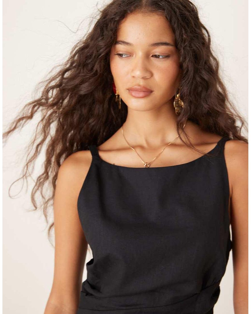 Mango Black Ruched Side High Scoop Neck Mini Dress