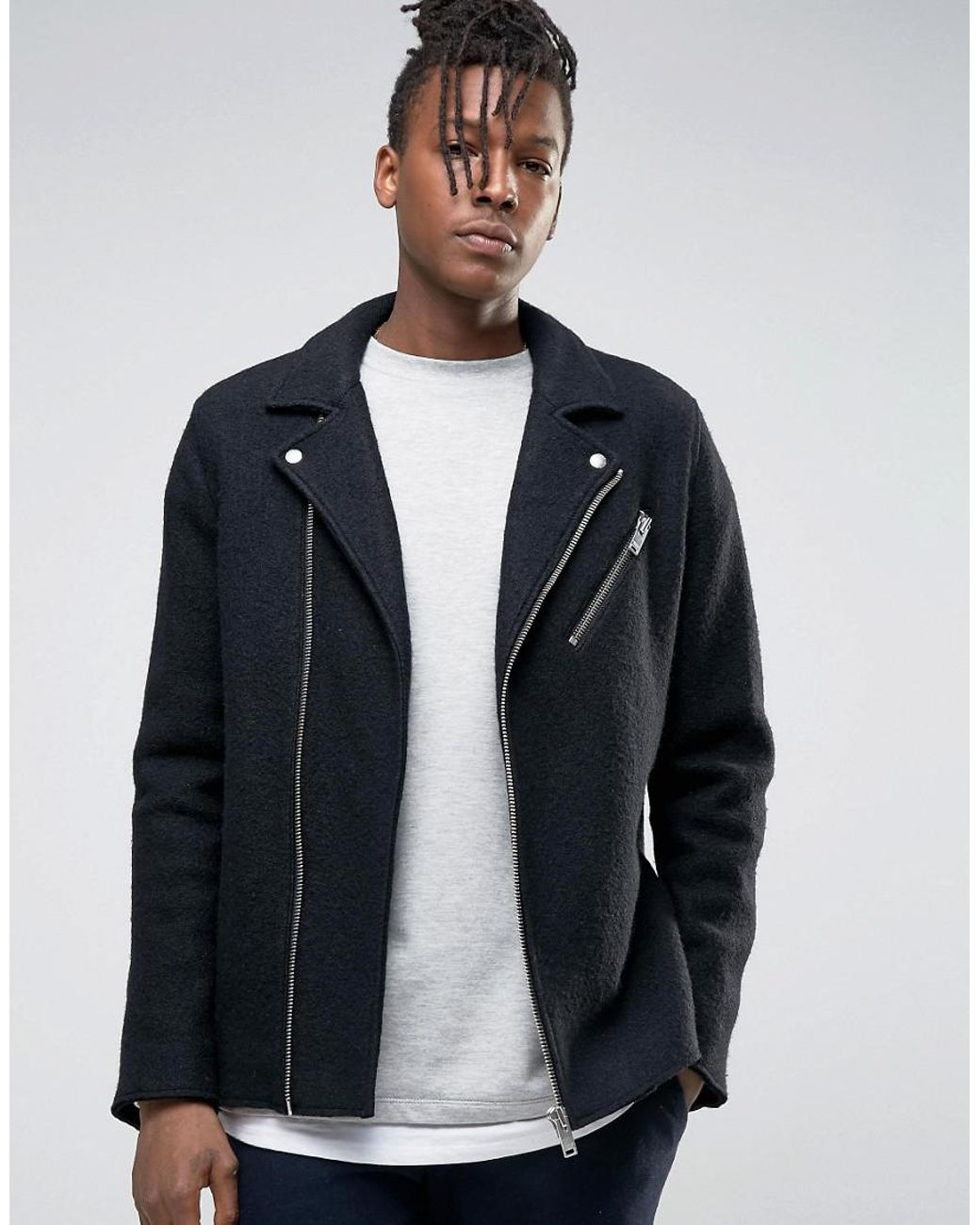 SELECTED Wool Biker Jacket in Black for Men | Lyst