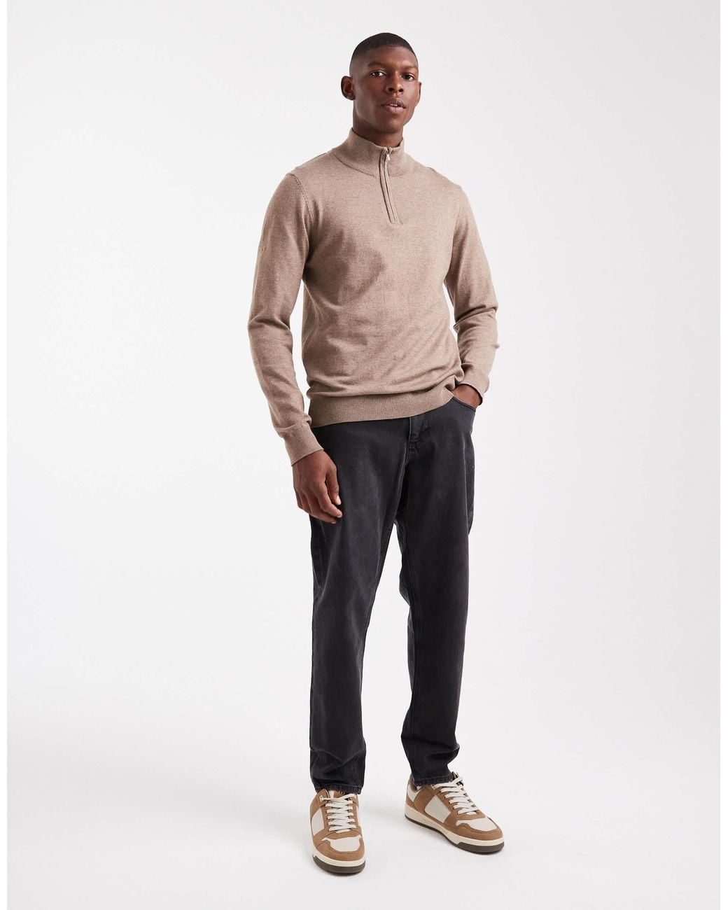 Threadbare Natural 1/4 Zip Knitted Jumper for men