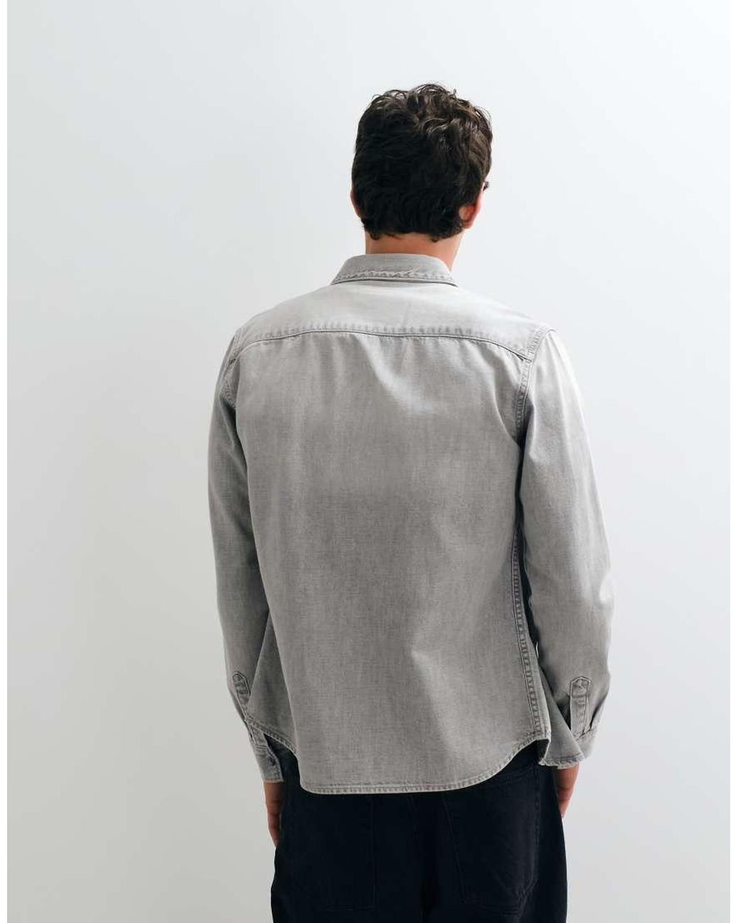 AllSaints Gray Gleason Long Sleeve Demin Logo Shirt for men