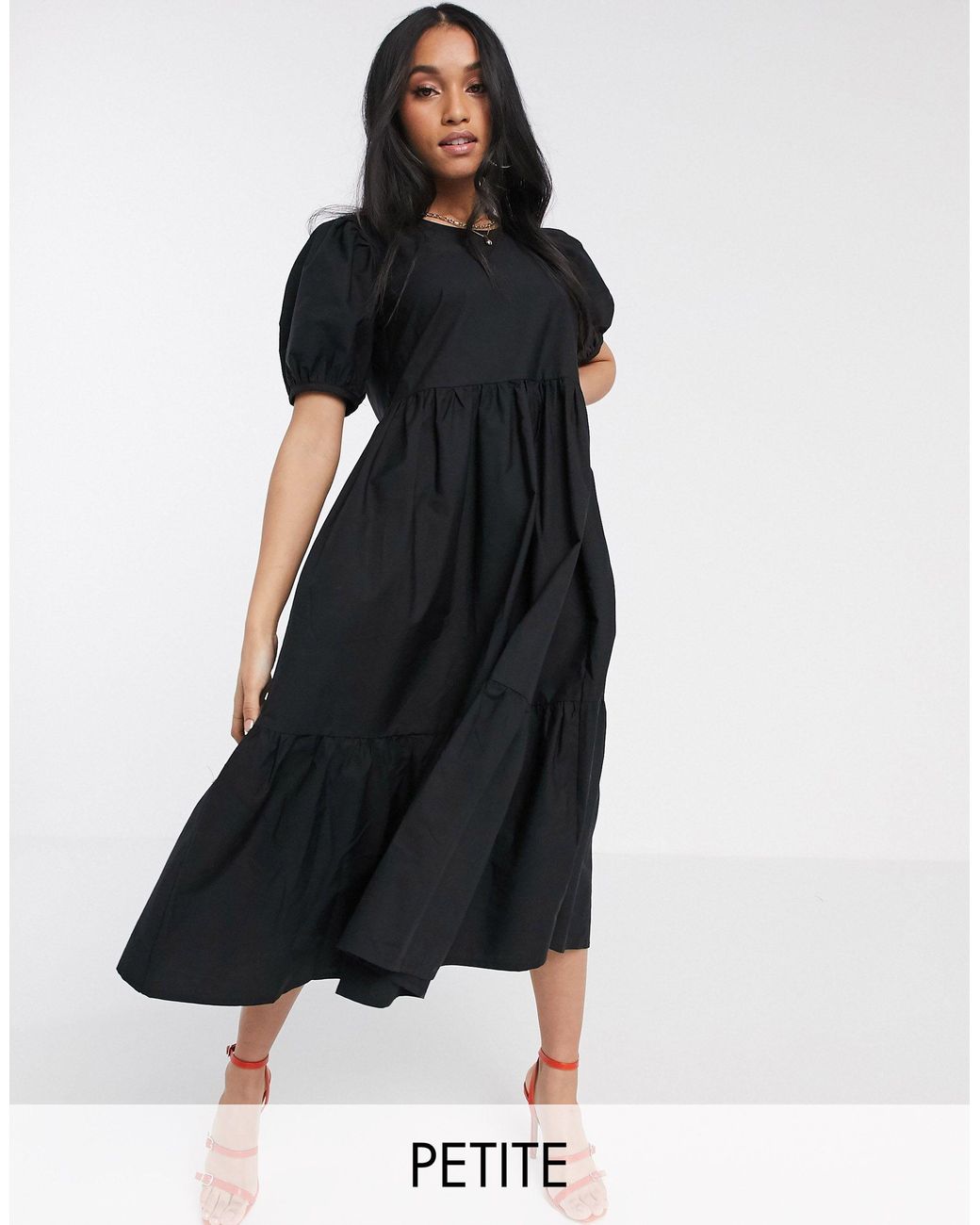 Y.A.S Petite Tiered Smock Midi Dress With Puff Sleeve in Black Lyst UK