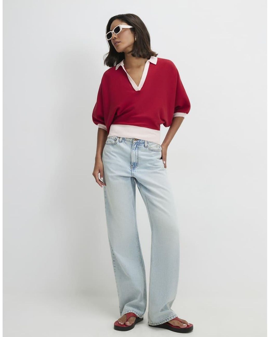 River Island Red Knitted Colour Block Slouch Polo Top