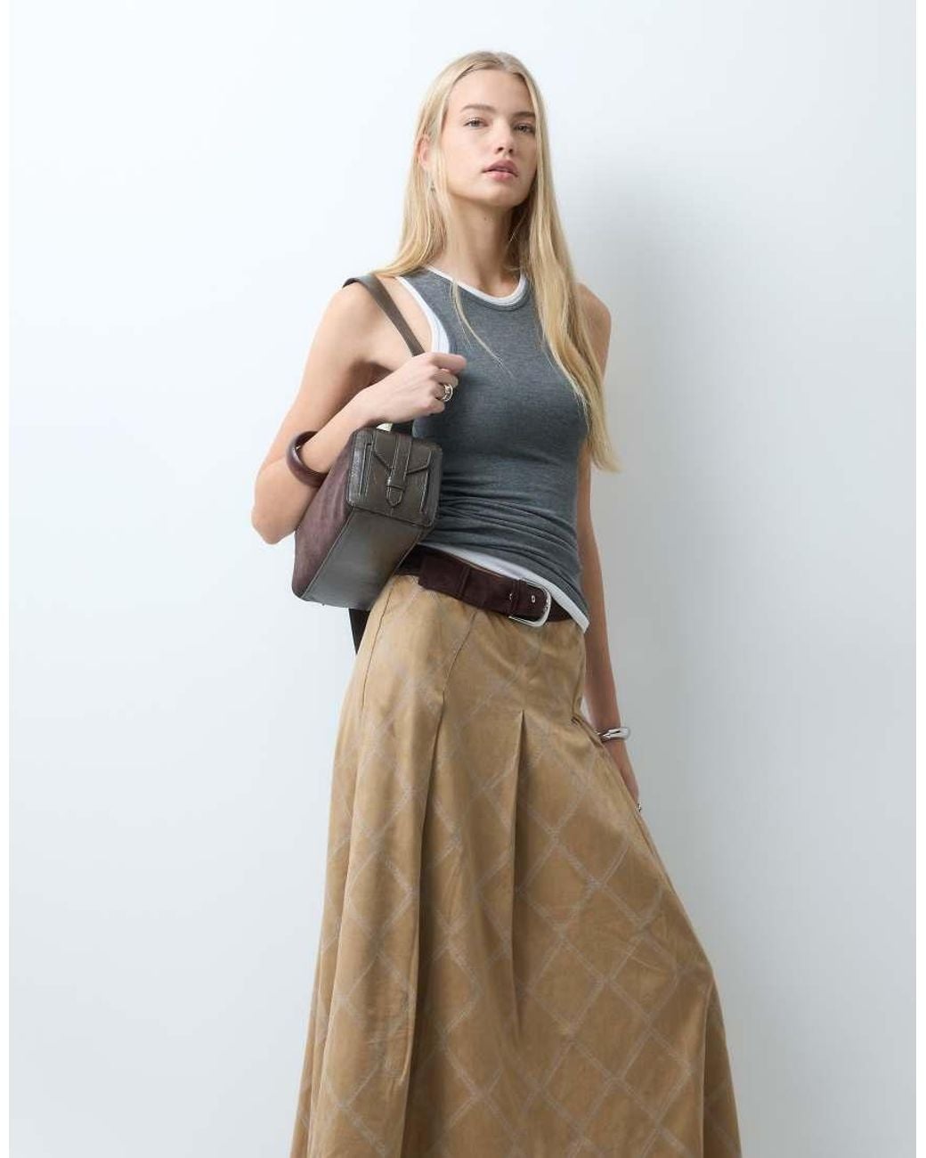 laagam Brown Tyla Embroidered Hankerchief Hem Midi Skirt