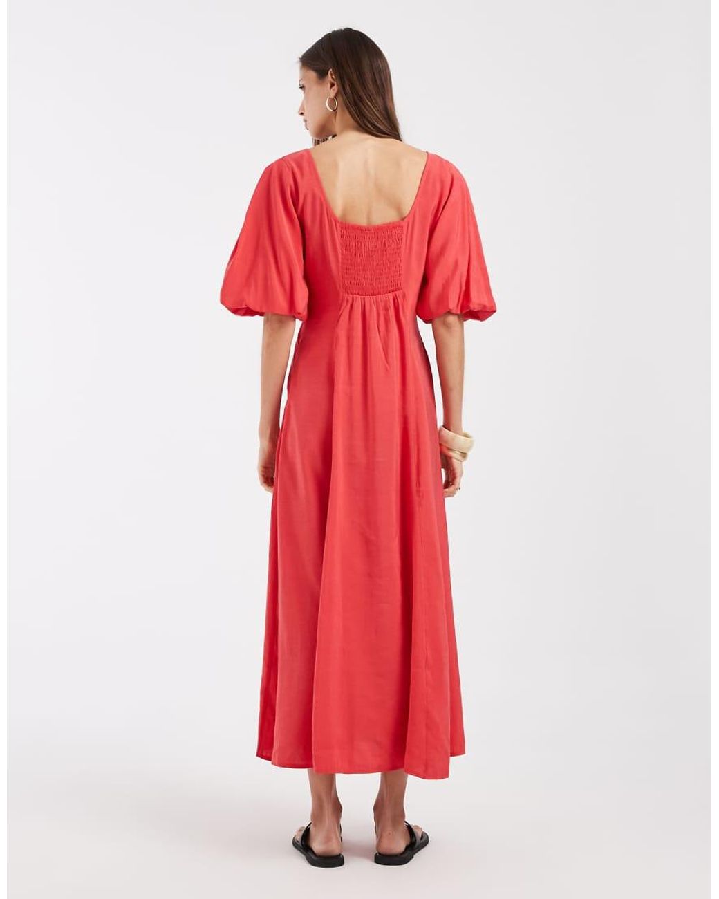 Vero Moda Red Pleated Seam Detail Puff Sleeve Midi Dress