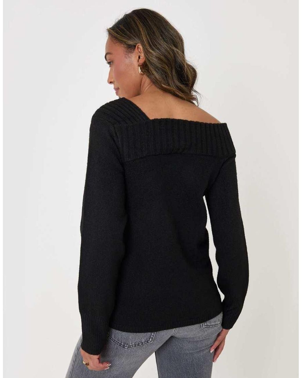 Threadbare Black Asymmetric Slash Neck Jumper