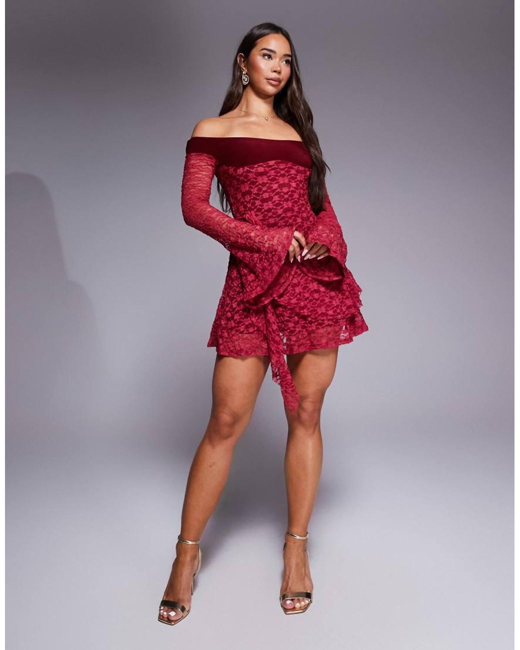 ASOS Red Lace Blocked Neck Bardot Mini Dress With Flippy Sleeves And Hitched Trim Detail Skirt