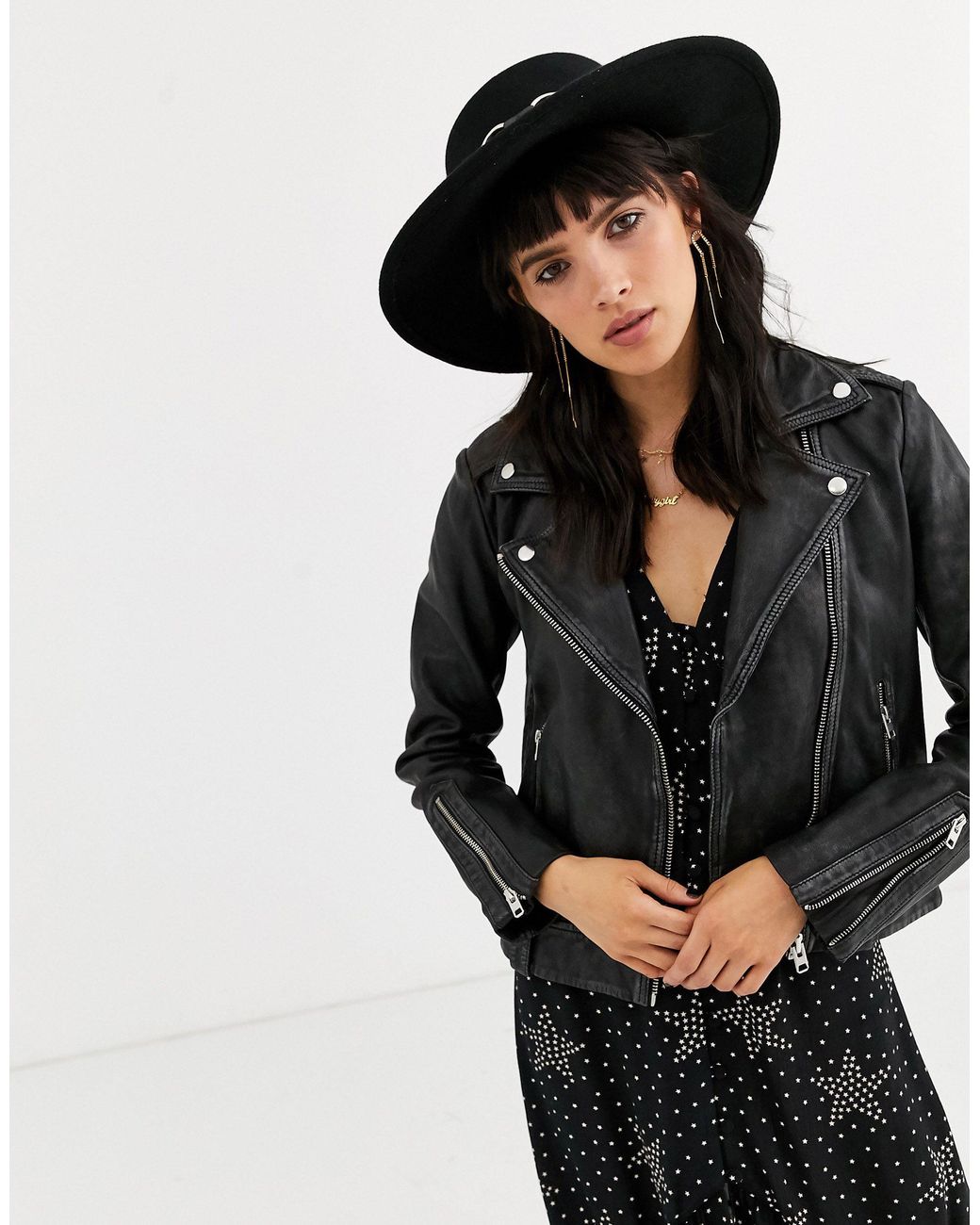 TOPSHOP Classic Real Leather Biker Jacket in Black | Lyst