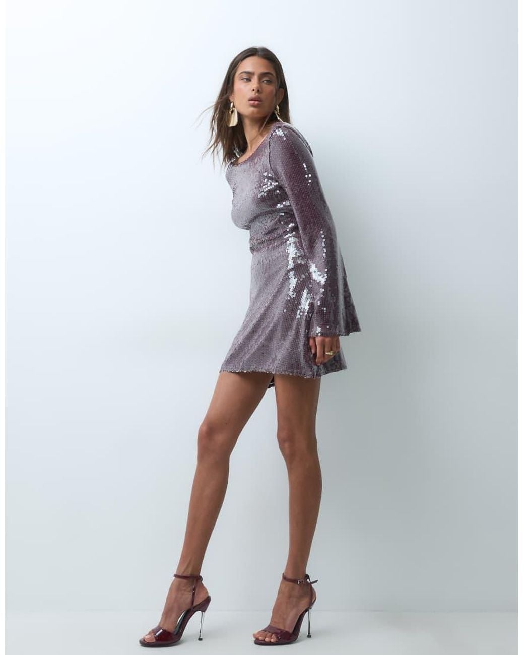 TFNC London Purple Sequin Fluted Sleeve Scoop Low Back Mini Dress