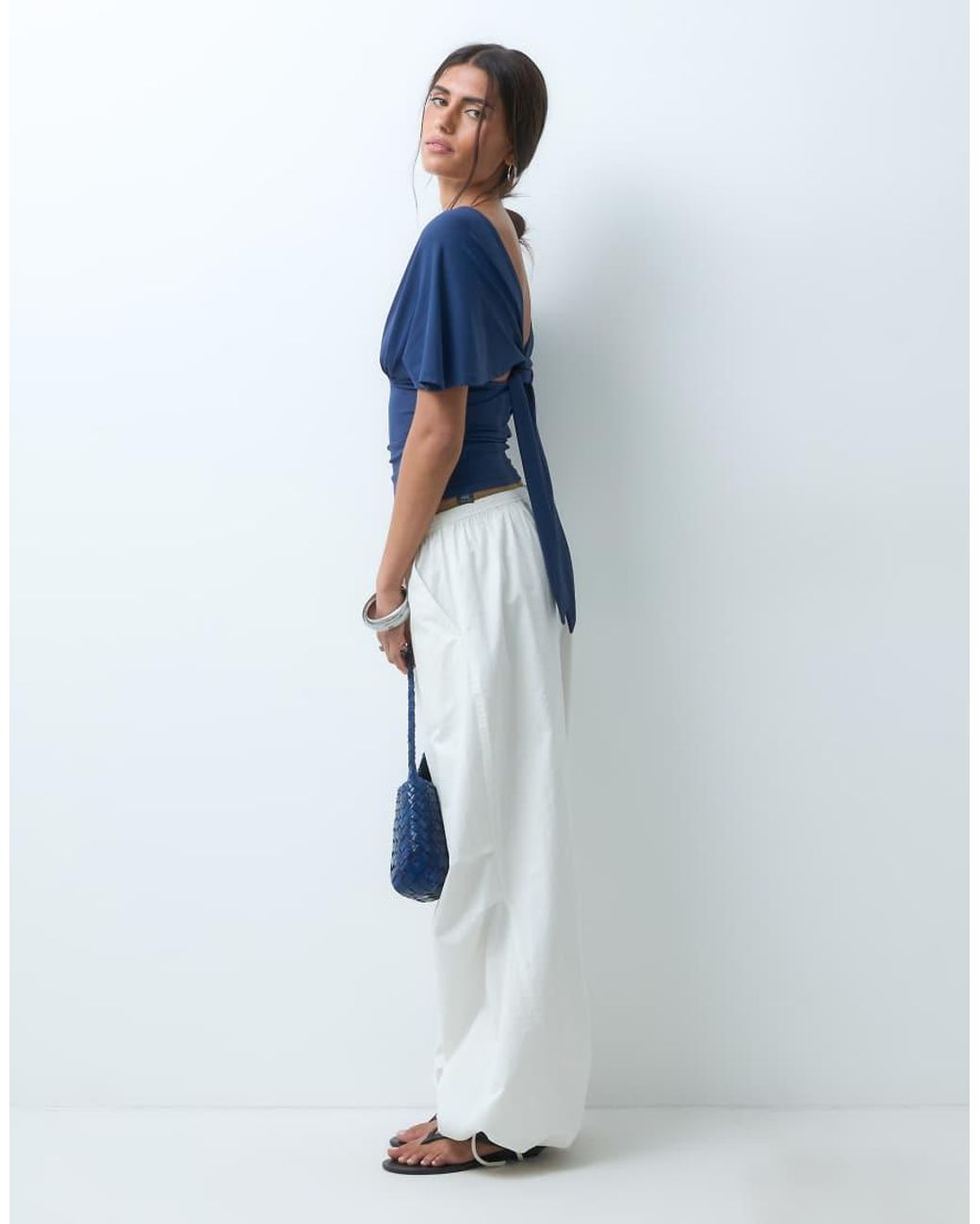 ASOS Blue Polyamide Plunge Sleeveless Tie Back Cinch Top