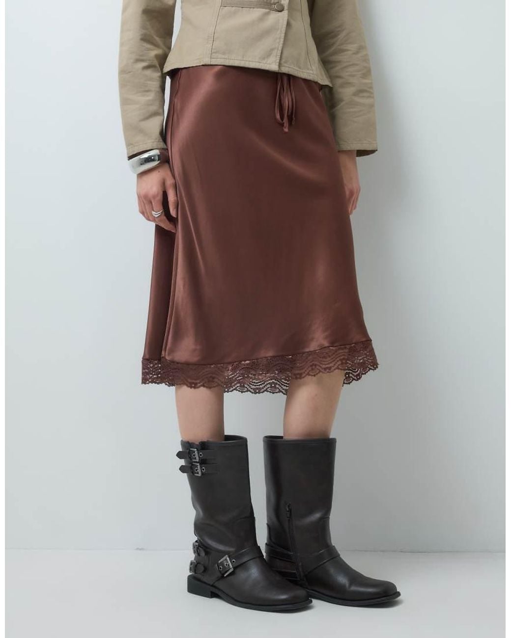 Reclaimed Vintage Natural Awkward Length Satin Midi Skirt With Lace Trim