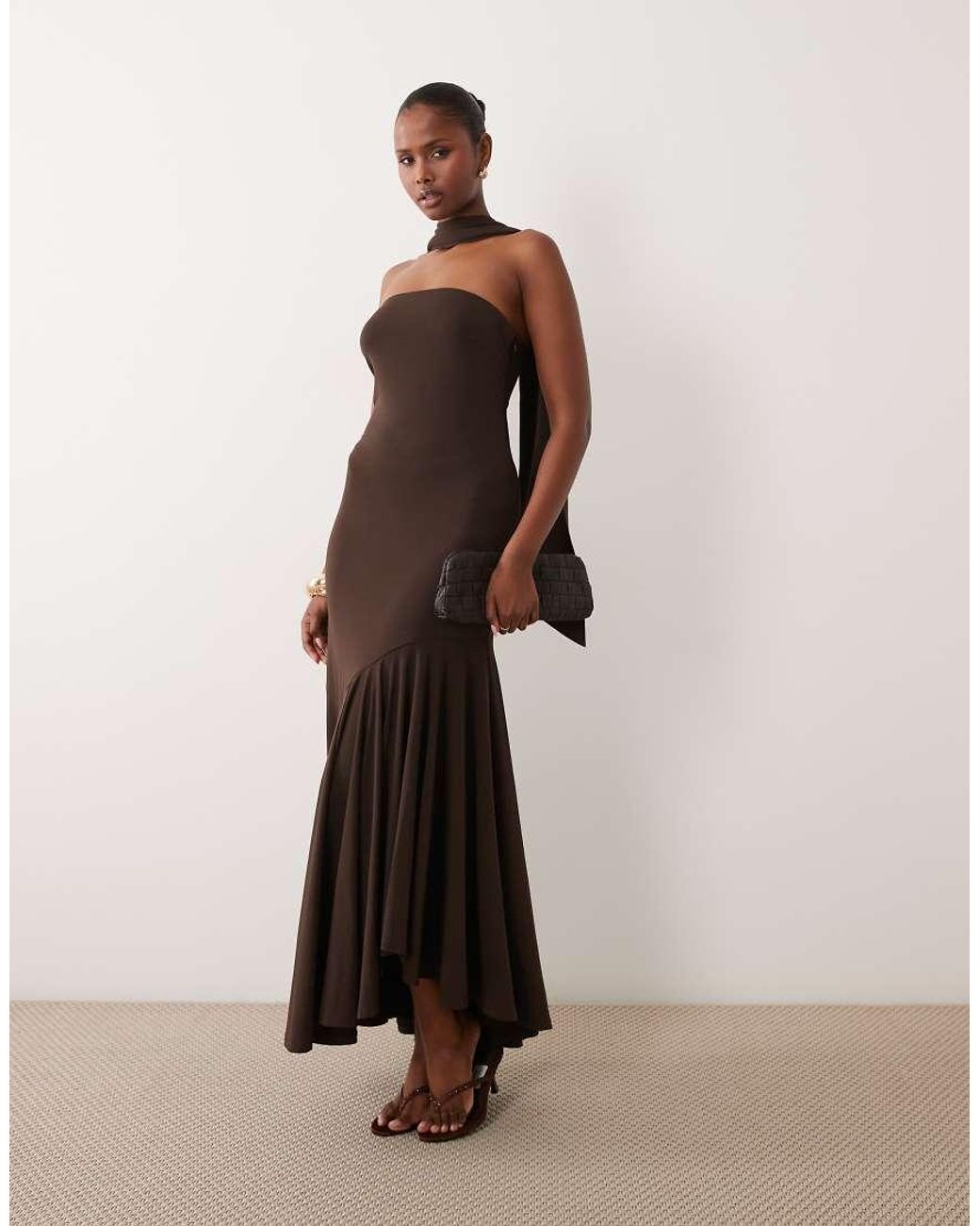 Y.A.S Brown Bandeau Drop Waist Scarf Detail Maxi Dress