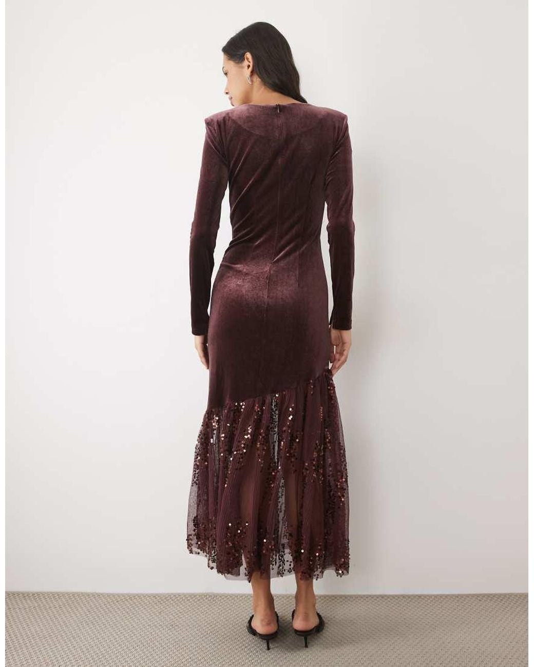 Y.A.S Brown Long Sleeve Velvet Maxi Dress With Asymetric Glitter Hem