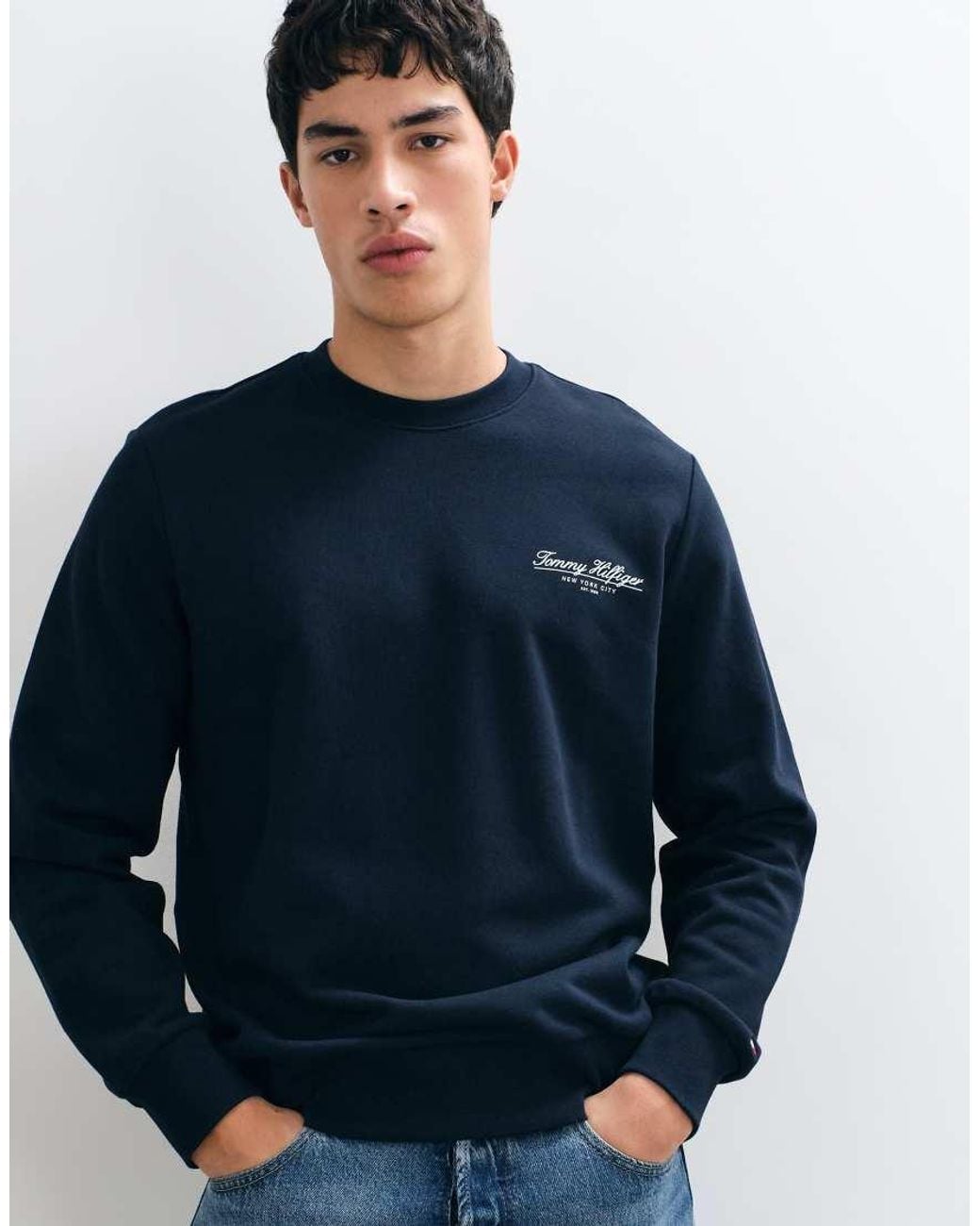 Tommy Hilfiger Blue Script Logo Crew Neck Sweatshirt for men