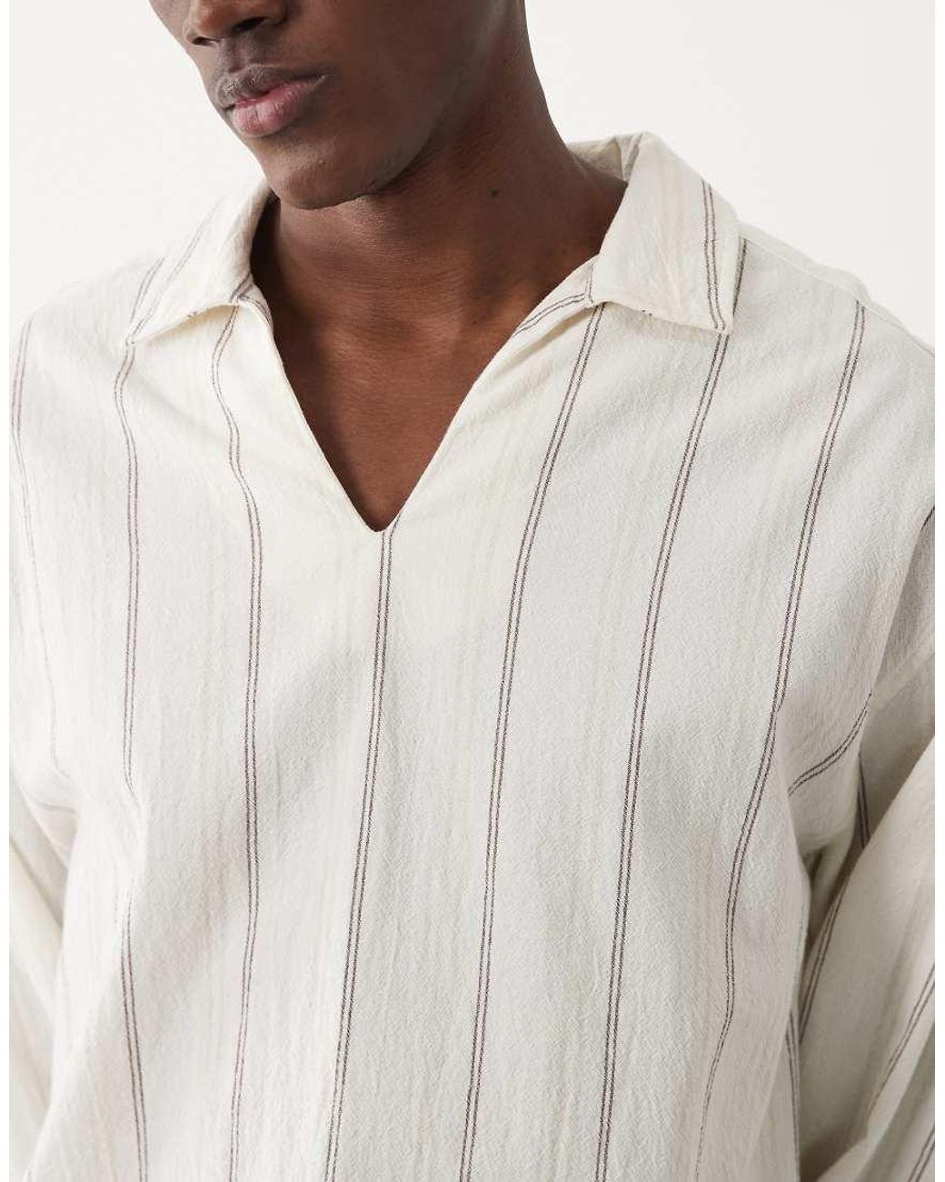 ASOS Natural Oversized Overhead Linen Look Stripe Shirt for men