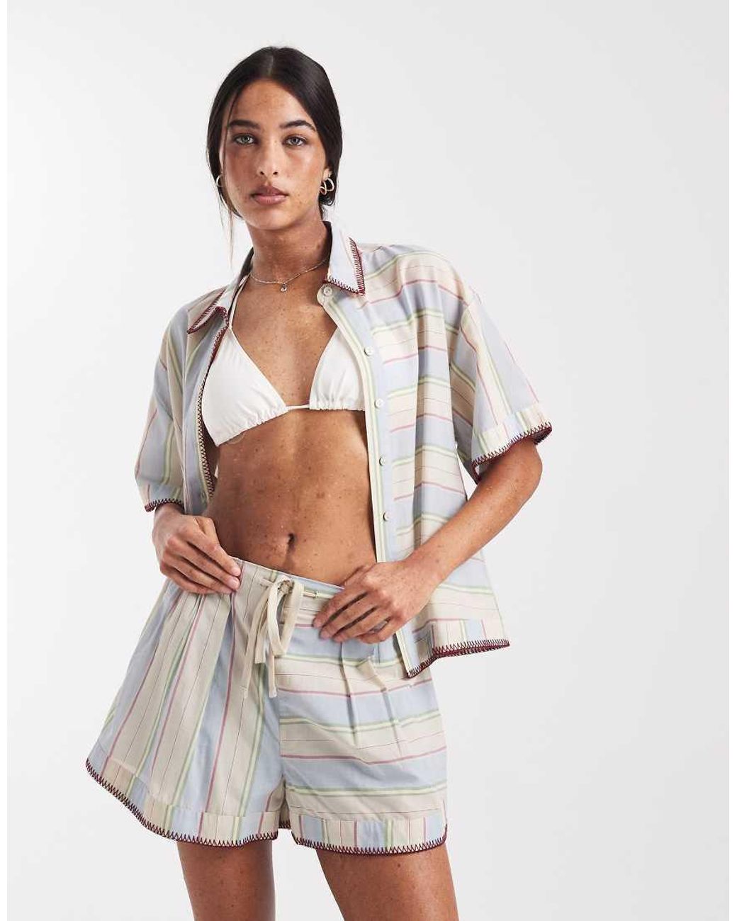 ASOS White Sasha Beach Short Co Ord With Stitch Detail