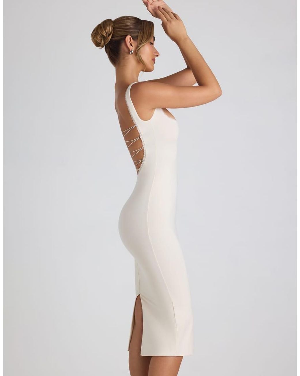 Oh Polly White Modal Lace Trim Square Neck Scoop Back Bodycon Midi Dress