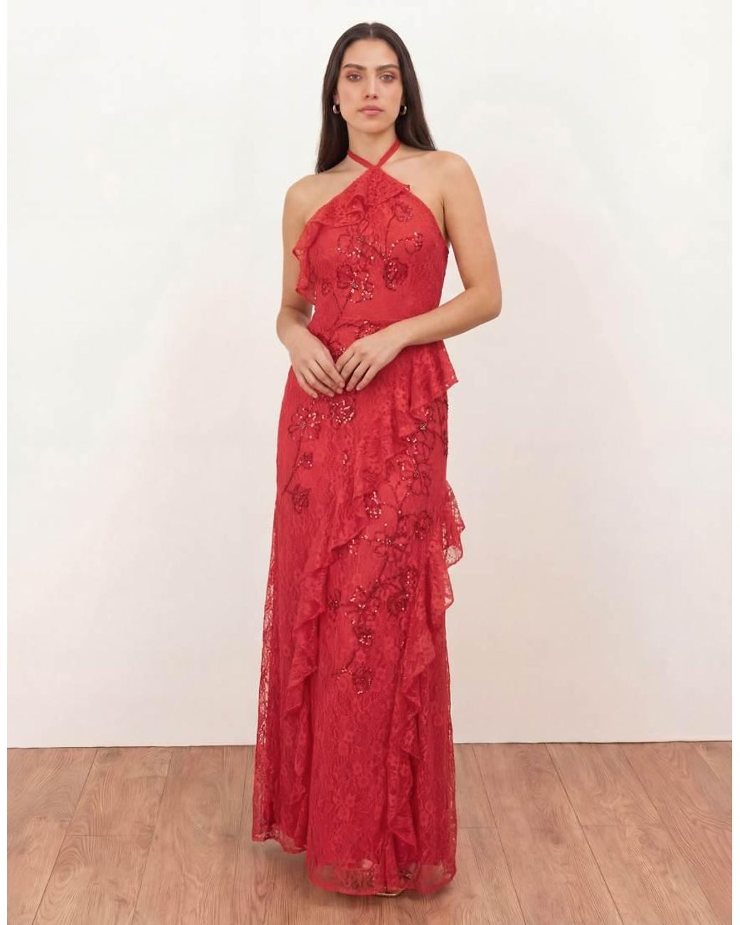 Maya Red Embellished Halter Neck Lace Maxi Dress