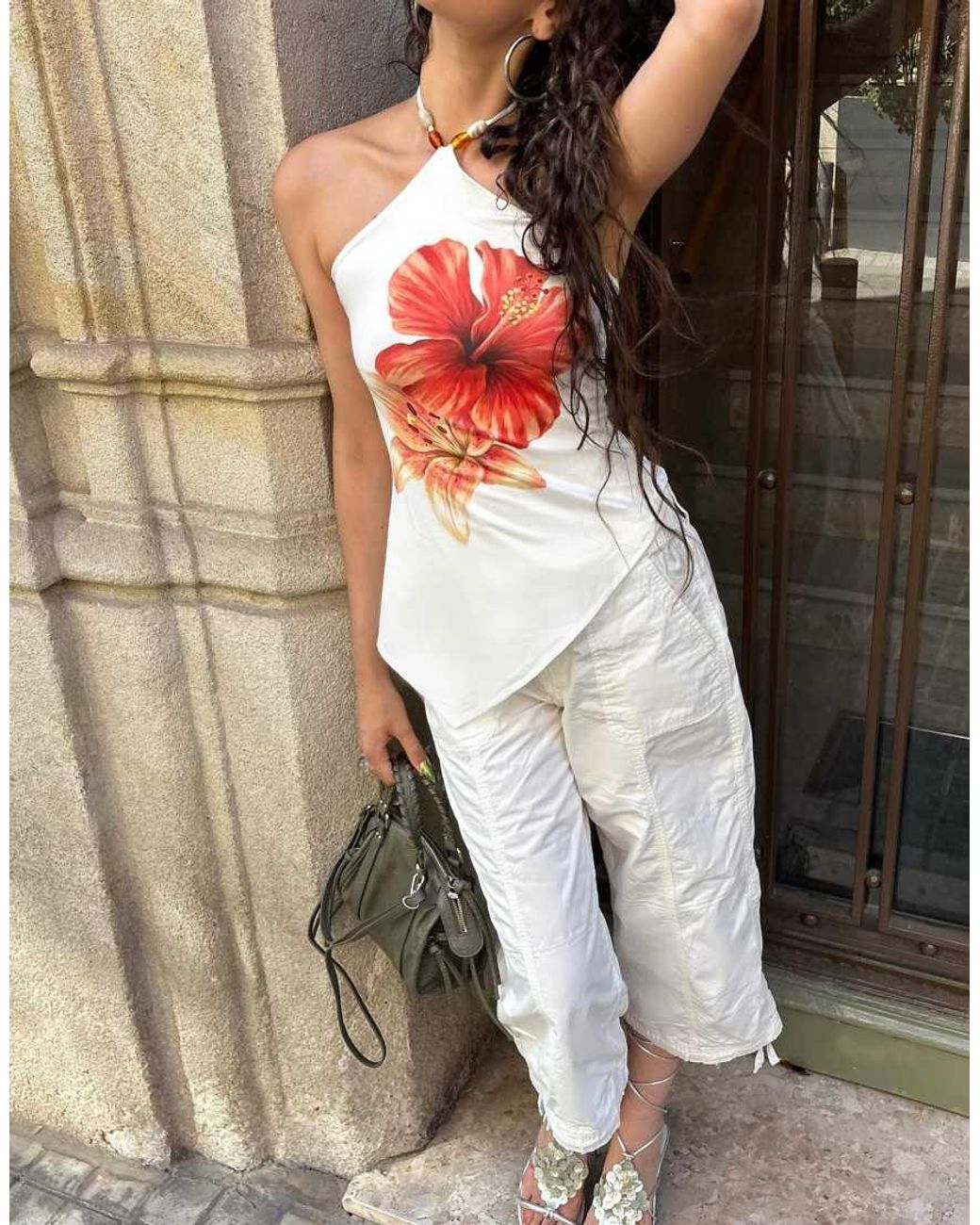 Bershka White Halter Neck Print Top