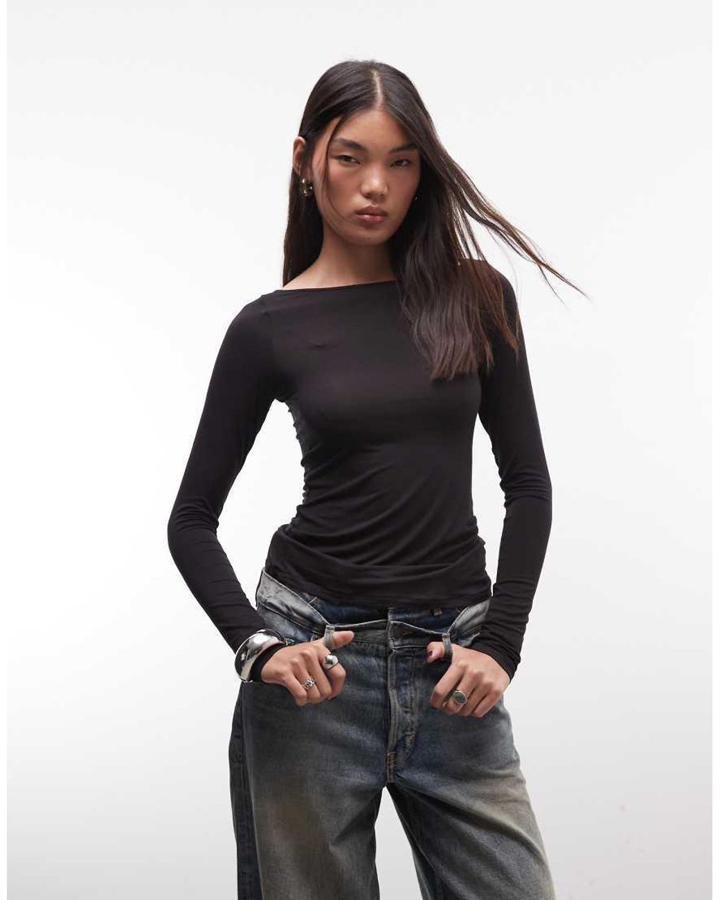 Monki Blue Boatneck Sheer Long Sleeve Top