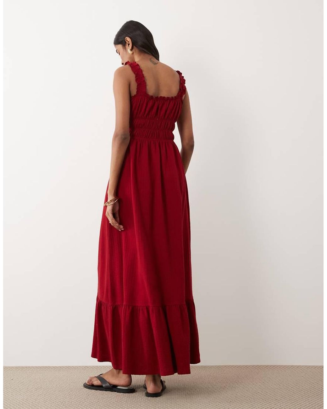 Miss Selfridge Red Seersucker Shir Detail Maxi Dress