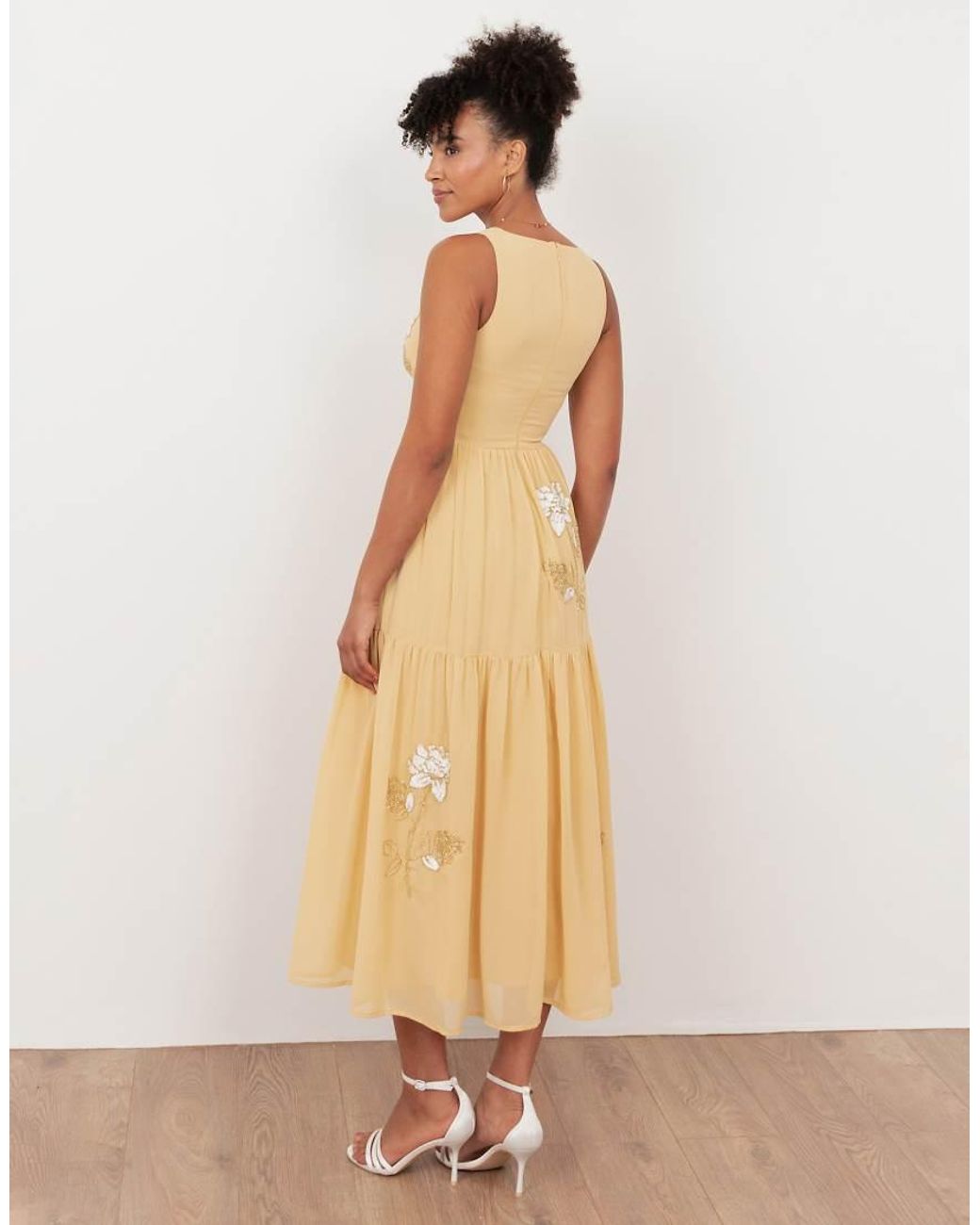 Maya Natural Floral Embellished V Neck Midaxi Dress