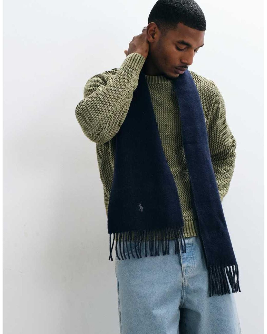 Polo Ralph Lauren Blue Classic Reversible Rich Wool Look Scarf With Logo for men