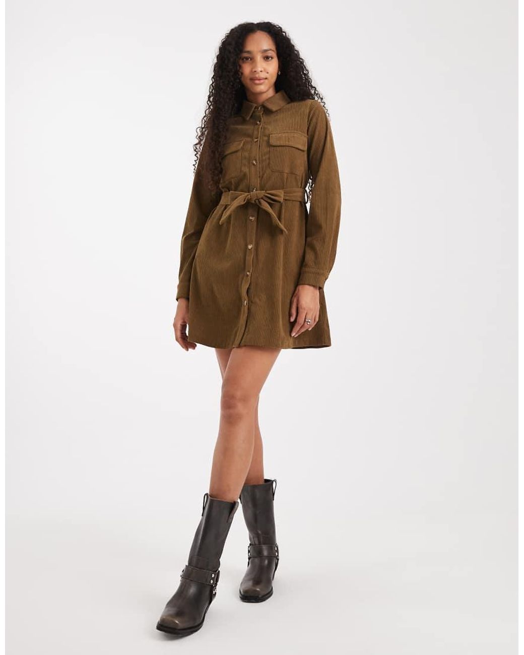 Threadbare Brown Cord Button Through Shirt Dress