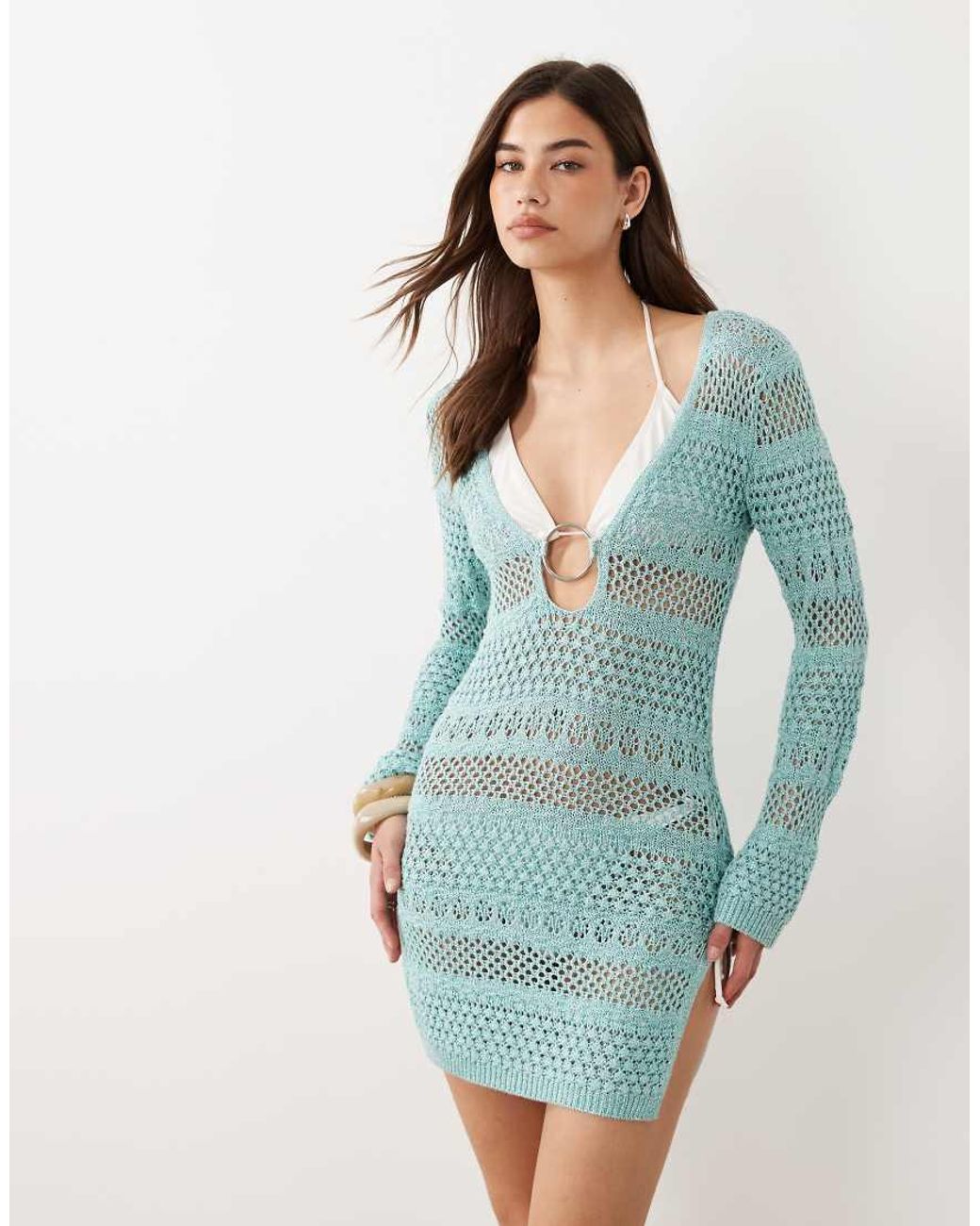 River Island Long Sleeve Metallic Knitted Beach Dress in Blue